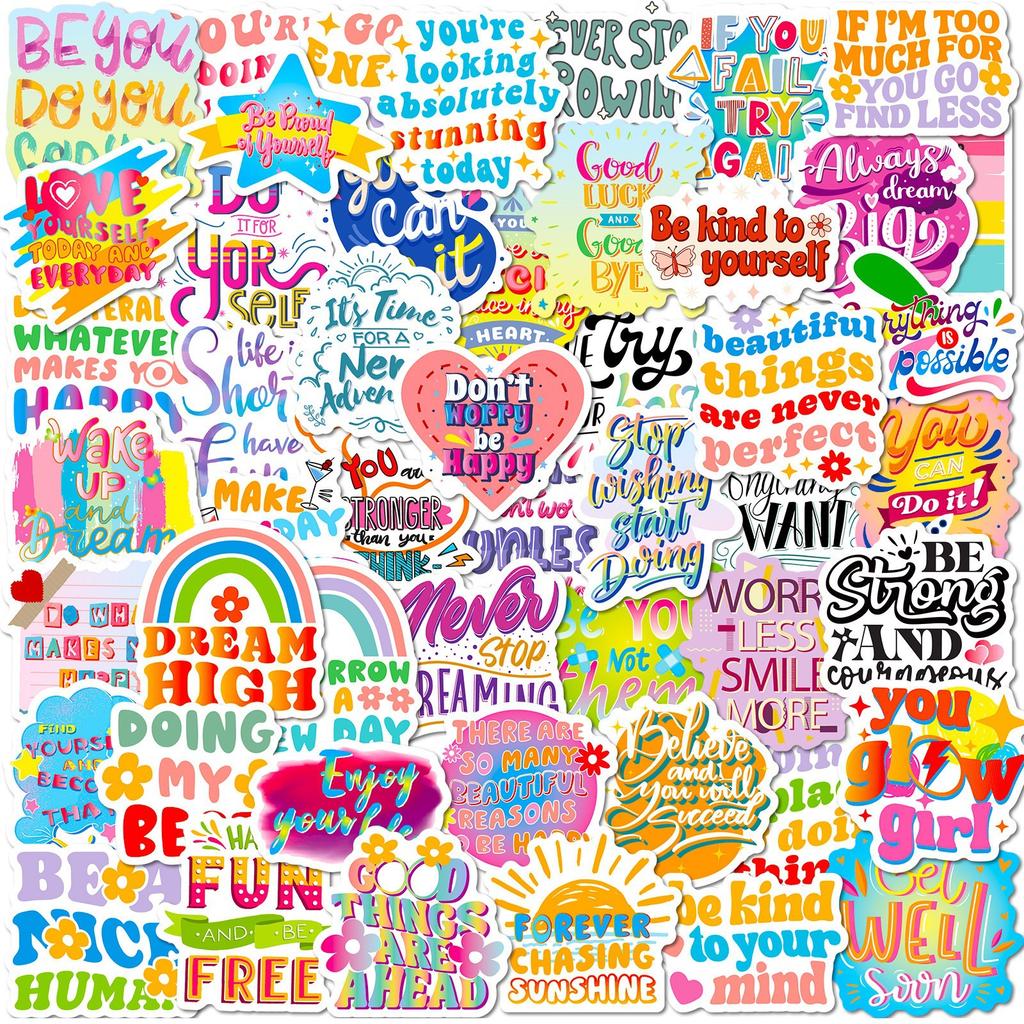 50 English Text Doodle Stickers Cartoon Color Encouragement Reward Stickers DIY Suitcase Decoration Stickers