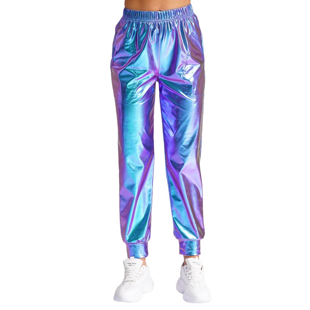 Damen Metallic Tanzhose Hoher Bund Elastischer Bund Lockerer Schnitt Sporthose Glänzender Schimmer Moderne Hose