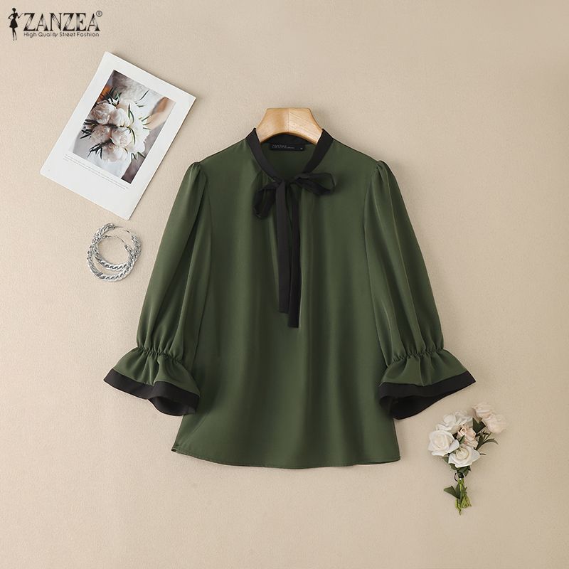 ZANZEA Damen Rundhals 3/4-Ärmel Elegante Lässige Bluse