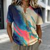 Damen Kurzarm Henley Hemd mit Knopfleiste Leinen Baumwollmischung Lässige Bedruckte Bluse Leicht Atmungsaktiv Sommer Oberteil