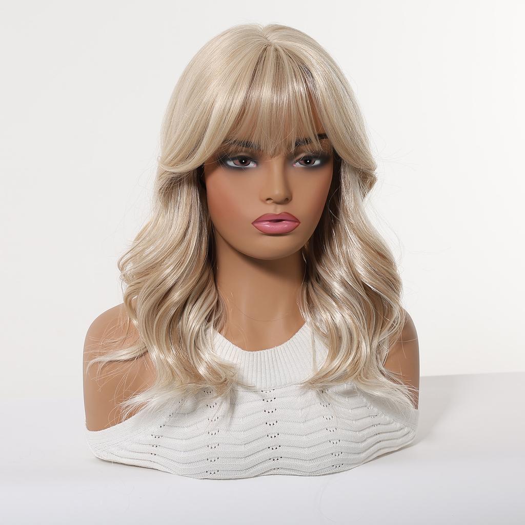16inch Long Blonde Body Wavy Synthetic Wigs with Bangs for Women Heat Resistant Natural Hairs Wig for Daily Cosplay Party Wear