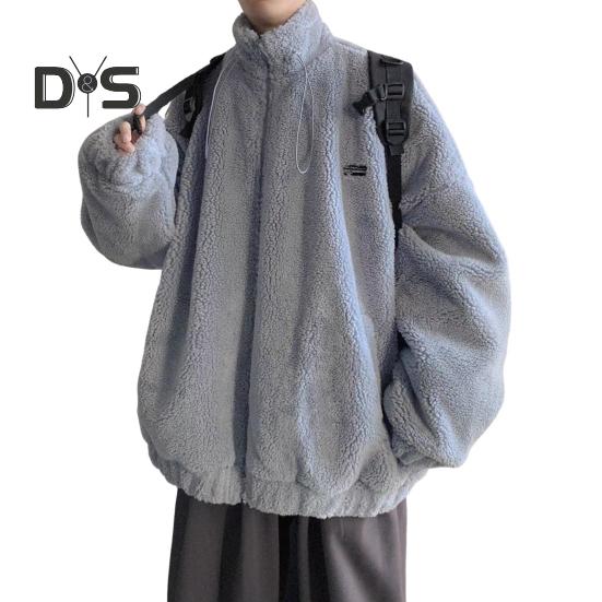 

Осень-зима Мужское пальто с завязками на талии и воротником-стойкой, свободного кроя, куртка из искусственного меха ягненка с карманами, утолщенная теплая верхняя одежда M синий