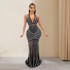 Yousheng Lady Evening Dress Deep V Neck Halter Neck Striped Shimmering Rhinestone Decor Backless Off Shoulder Cocktail Party Prom Long Dress