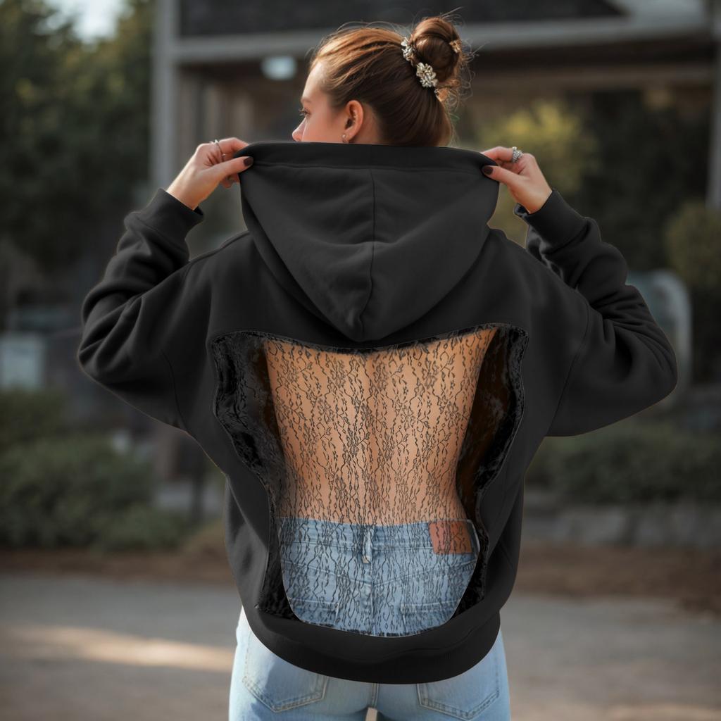 Harajuku Kapuzenpullover Damen Rückenfrei Netz-Patchwork Hoodies Streetwear Transparente Pullover Sport-Sweatshirt Tops