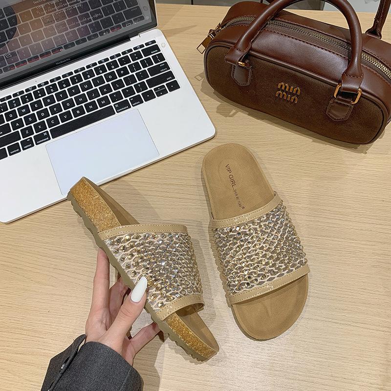 Women's shoes 2025 summer new wear fashion versatile mesh rhinestone decoration one-word drag thick-soled beach cool slippers