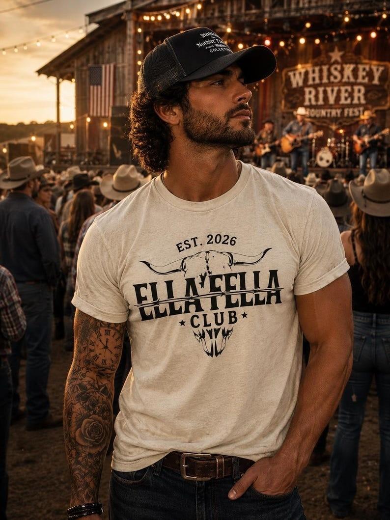 ELLA FELLA Club Totenkopf Rinderkopf Grafik T-Shirt | EST. 2026 Western-Logo Unisex-T-Shirt XL