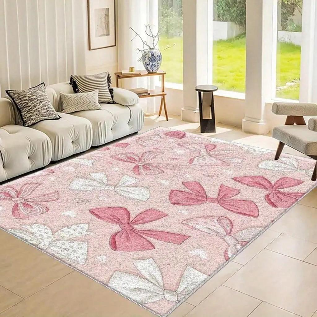 VIKAMA Pink And White Bow Design Carpet, Lightweight Suitable For Bedroom, Living Room, Balcony, Corridor, Office, Room Decor