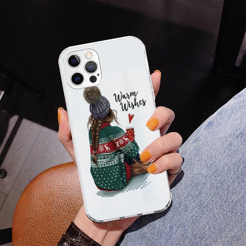 Christmas Art Girls Coffee Phone Case For iPhone 17 Air 16 Pro Max 16E 15 + 14 Plus 11 12 13 Mini 7 8 SE Gift Print Cover Fundas