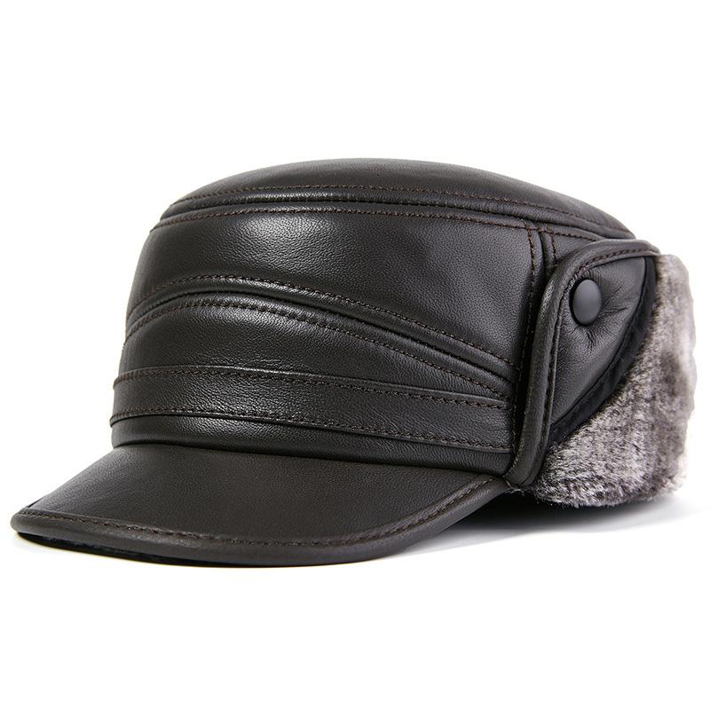 Winter Echte Schaffell Leder Uschanka Mütze | Dick gefütterte Fleece-gefütterte Warme Klappen-Mütze für Ältere Herren Outdoor Trapper Mütze für Papa