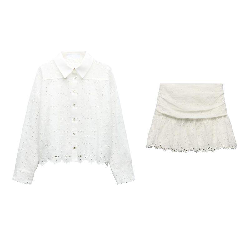 Spring New Long Sleeve Lapel Hollow Embroidery Shirts 3666088 High Waist Pleated Midi Dress 3564088