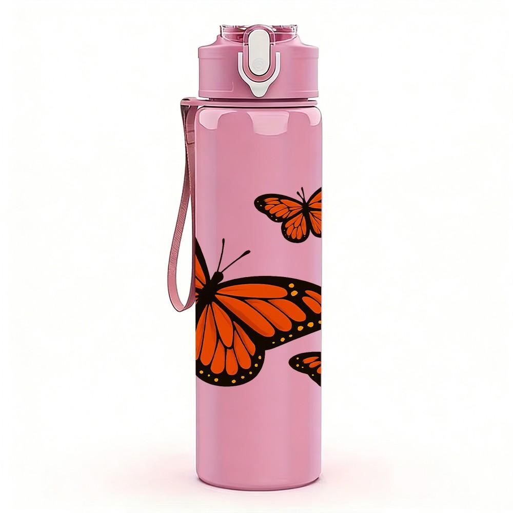 1PC Trio Orange Butterflies 750ml Color Plastic Sports Water Bottle Leakproof Flip Straw Lid Suitable for Sports Office Home Use