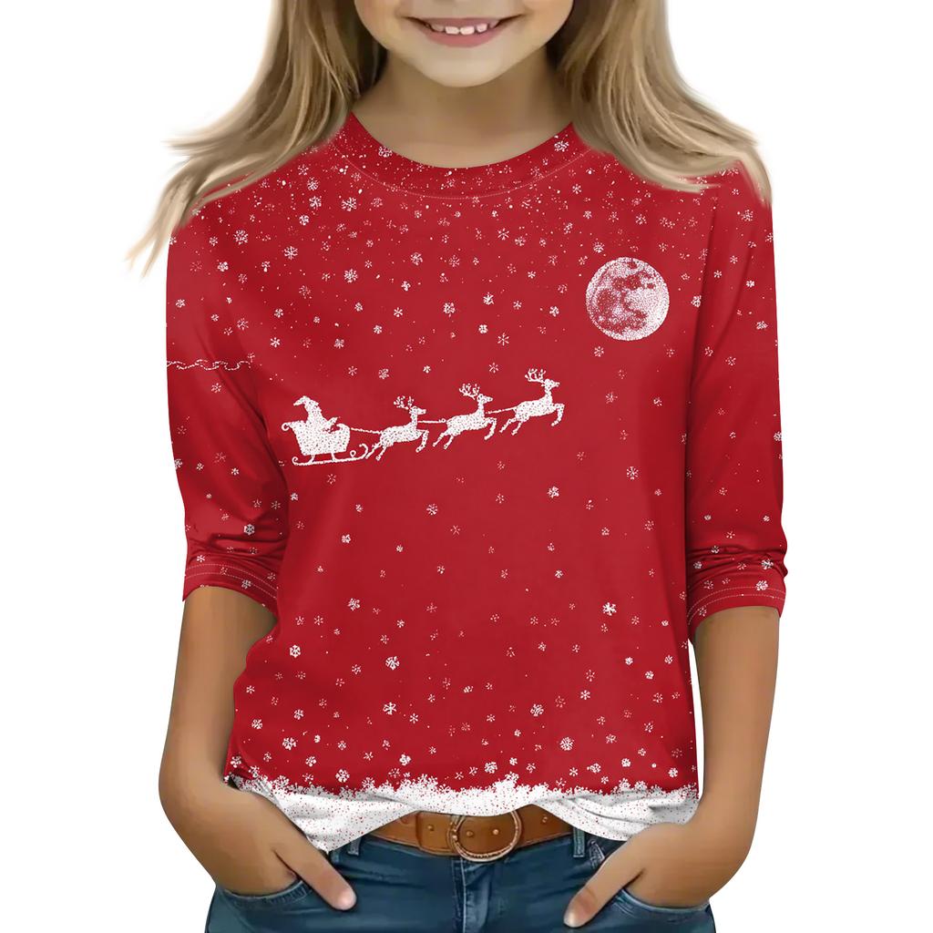 Christmas Day Print Tops For Youth Girls 4-11 Years Round Neck 3/4 Sleeves T-Shirts Trendy Tops Outfit Tees