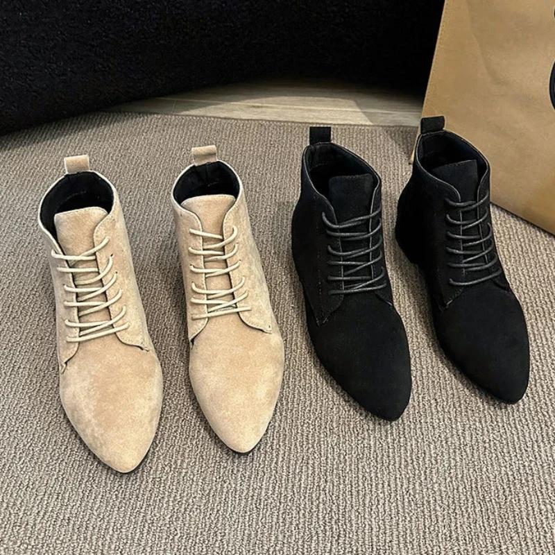 Women's Suede Ankle Boots Autumn British Style High Heeled Booties Woman Pointed Lace Up Thick Heel Platform Short Boots
