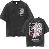 Anime Attack Titan Retro Wash Bedrucktes T-Shirt Mikasa Ackerman Eren Jaeger Freie Flügel Muster Herren Sommer T-Shirt