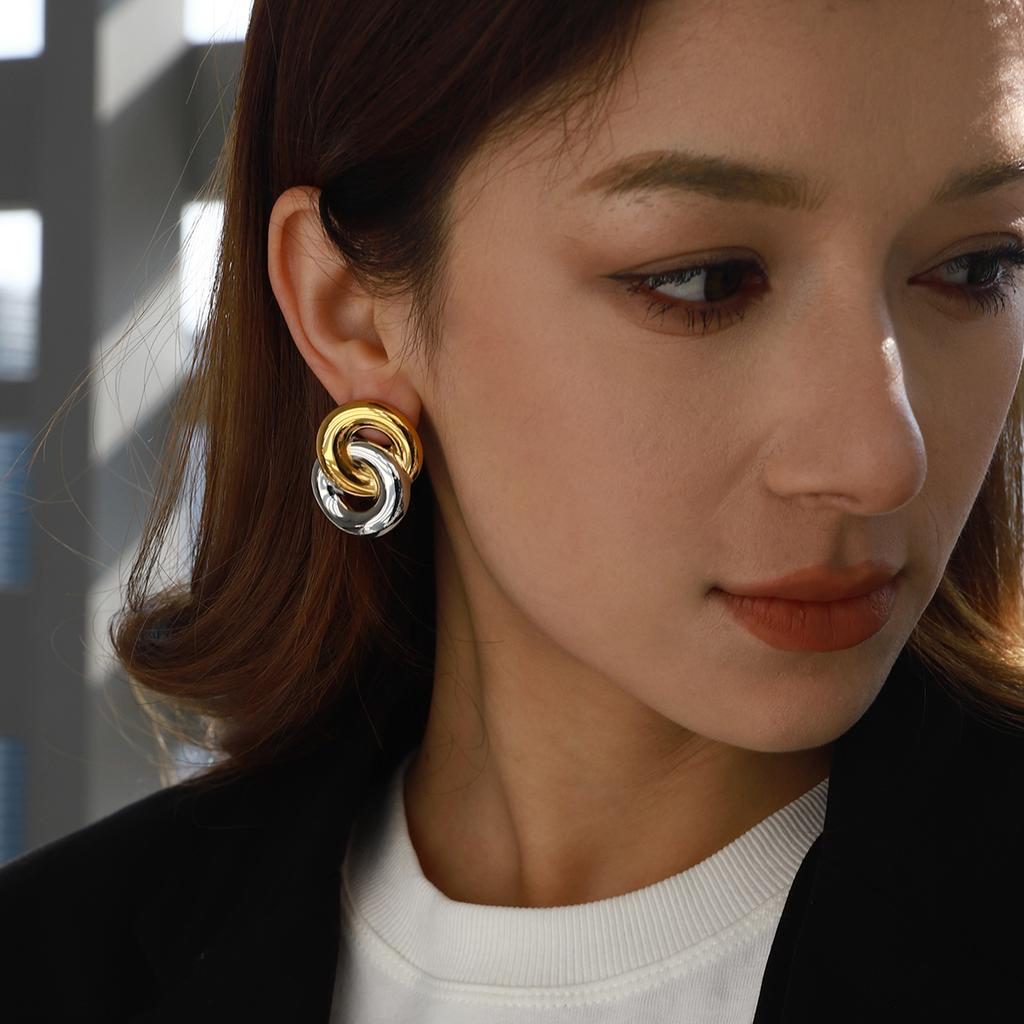 Yori Stainless Steel Double Circle Link Geometric Stud Earrings 18K PVD Plated Popular Jewelry Wholesales Accessories