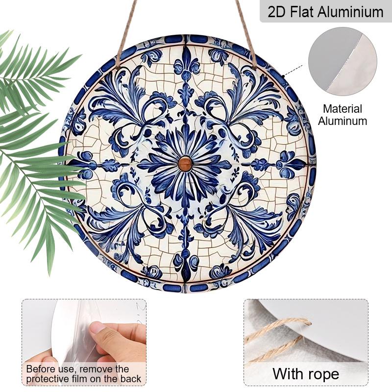 2D Flat Aluminum Sign Vintage Blue Floral Pattern Decorative Sign 7.87 Inches X 7.87 Inches Perfect for Decorating Homes, Porches, Living Rooms, and