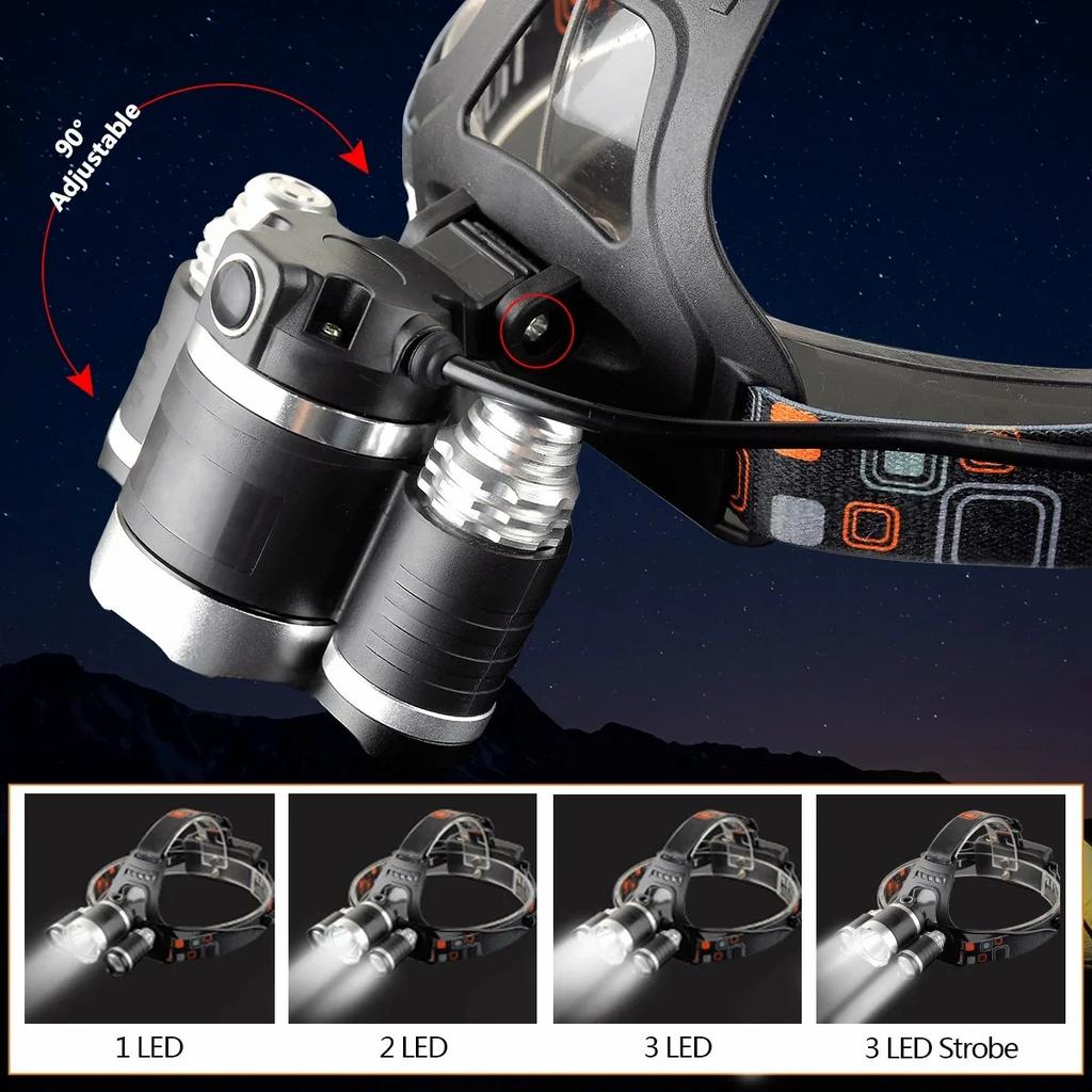 D2 Super Bright 3 Led Headlamp 18650 Battery Rechargeable Head Flashlight Torch 4-Mode Outdoor Camping Fishing Hunting Headlight