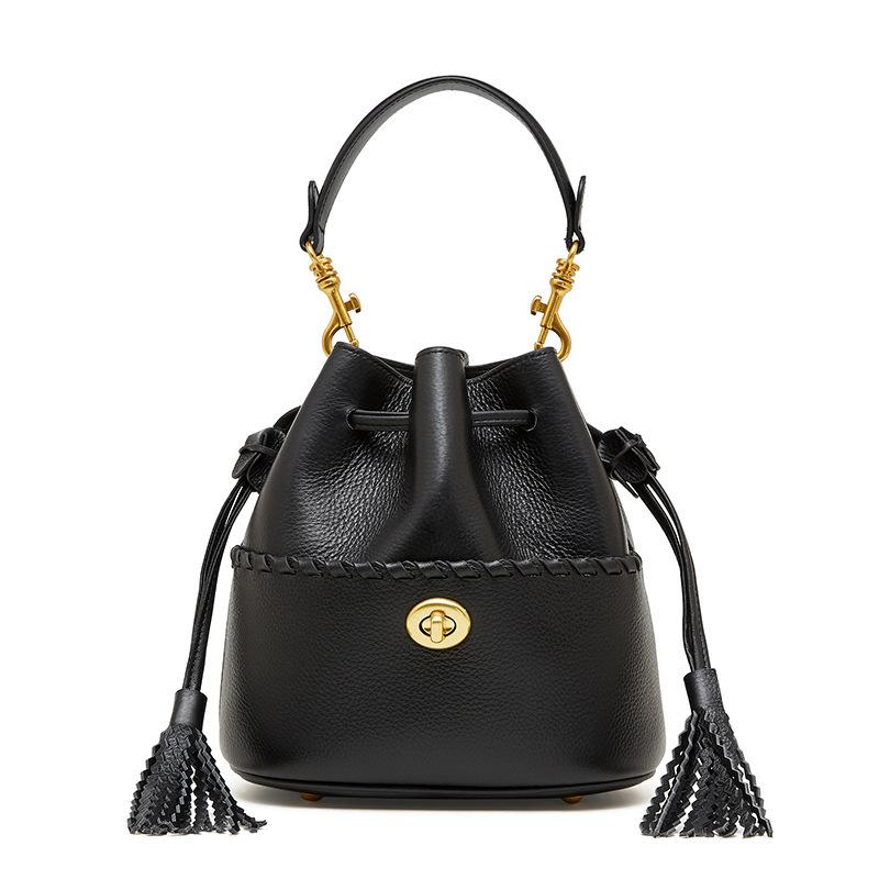 Women's Bag First-layer Cowhide Handbag New Leather Fringed Bag High-end Drawstring Design Shoulder Messenger Bag