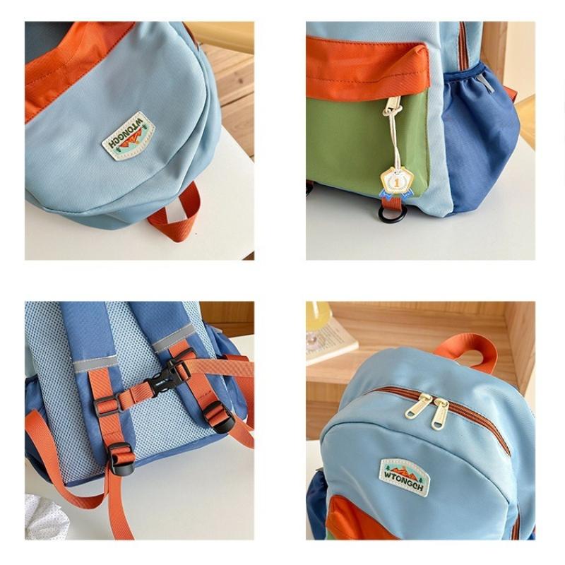 1pcs Solid Color Spliced Children's School Bags Cute Kindergarten Backpack Boys Girls Outdoor Travel Lightweight Backpacks Adjustable Straps