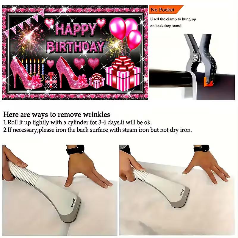 Sparkly Pink Birthday Tapestry, Glam Design with Glitter High Heels, Presents and Fireworks, Chic Party Wall Art