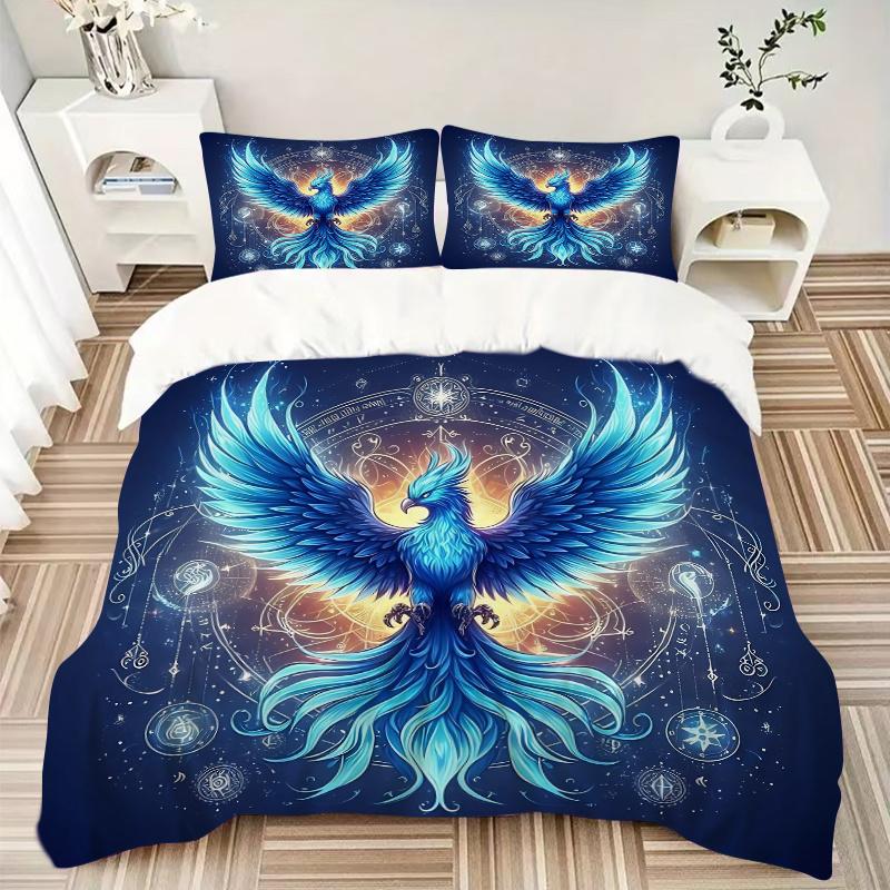 3pcs Blue Phoenix Rising Bedding Set - Includes Quilt Cover and Pillowcases, Suitable for All Seasons, Machine Washable - Ideal Gift for Fam