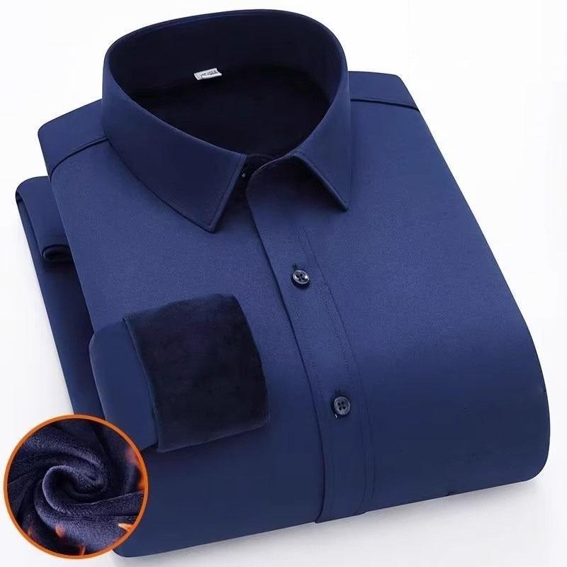 Men's Formal White Velvet-Lined Non-Iron Long Sleeve Shirt with Pocket