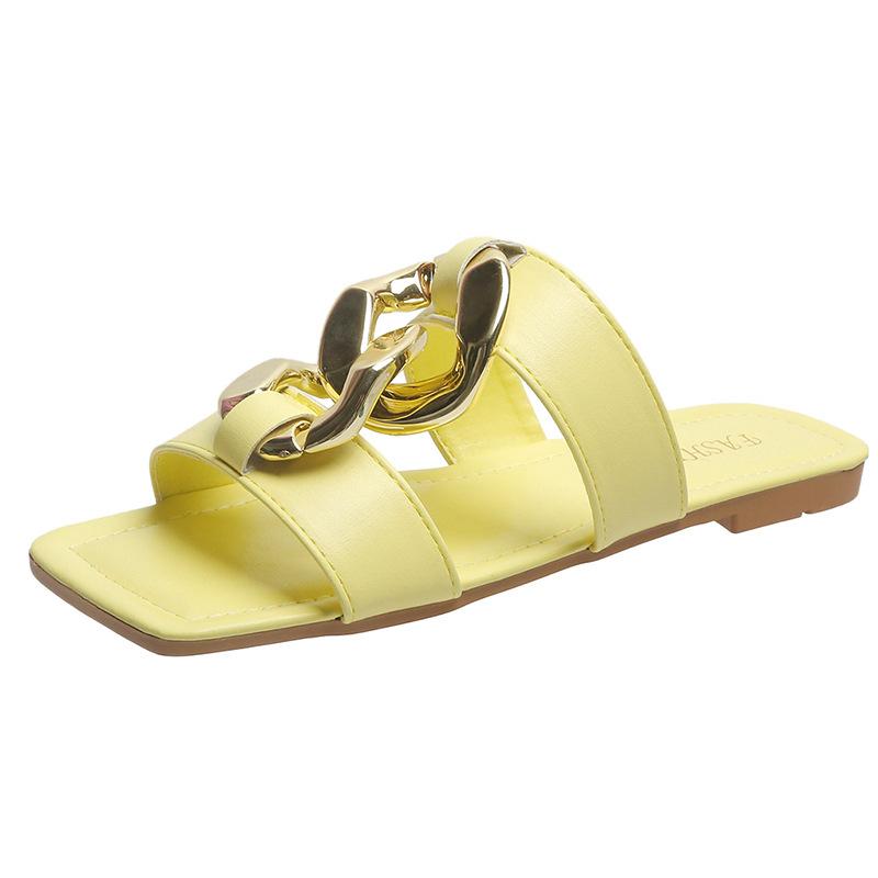 Sommar Dam Mode Fyrkantiga Flip-flops, Platta Metalldekorativa Utomhus att Bära Öppentå Flip-flops