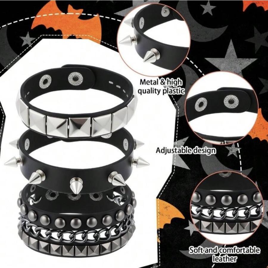 Bracciale Punk Multi-Strato con Borchie e Catena a Spillo, Ecopelle e Decorazione Metallica, Accessorio Unisex Stile Street