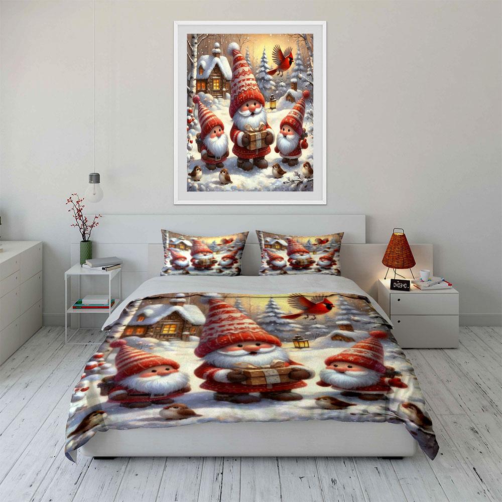 Christmas Gnomes In Snowy Scene Bedding Duvet Cover Set (1*Duvet Cover 2*Pillowcases, Without Duvet Insert)