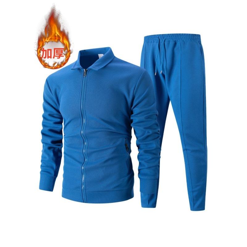 Men Waffle Texture Zipper Pocket Turn Down Collar Slim Fit Jacket Pants Set