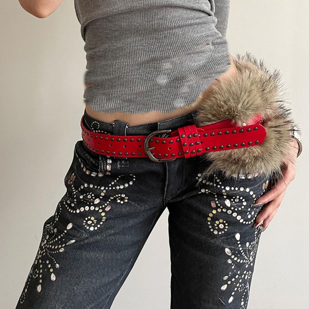 

Кожаный меховой ремень в западном стиле, ремень с заклепками, плюшевый ремень, модный пояс Y2K, на каждый день красный