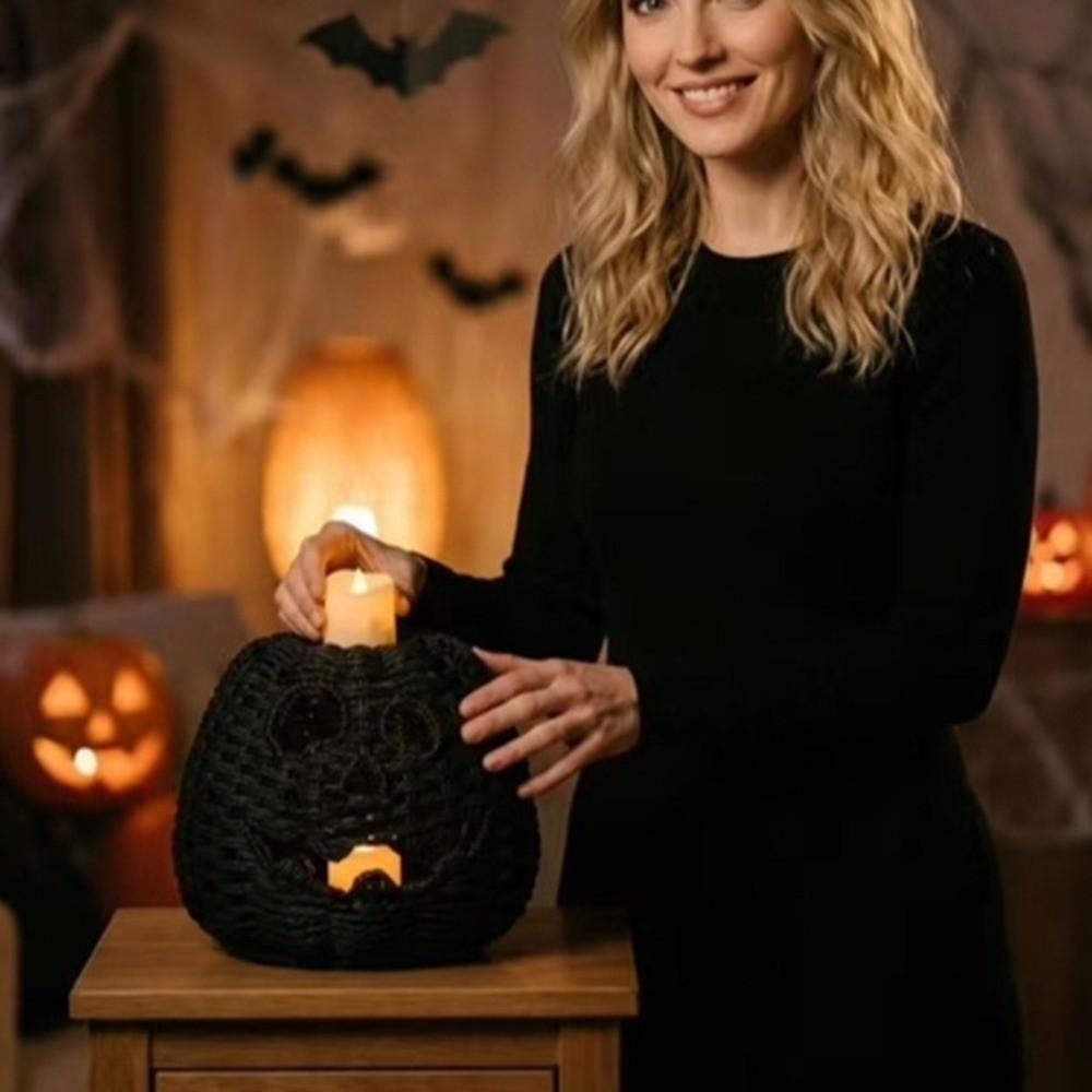 Vintage Resin Pumpkin Lantern with Witch Hat Pumpkin Candle Holder Living Room Use