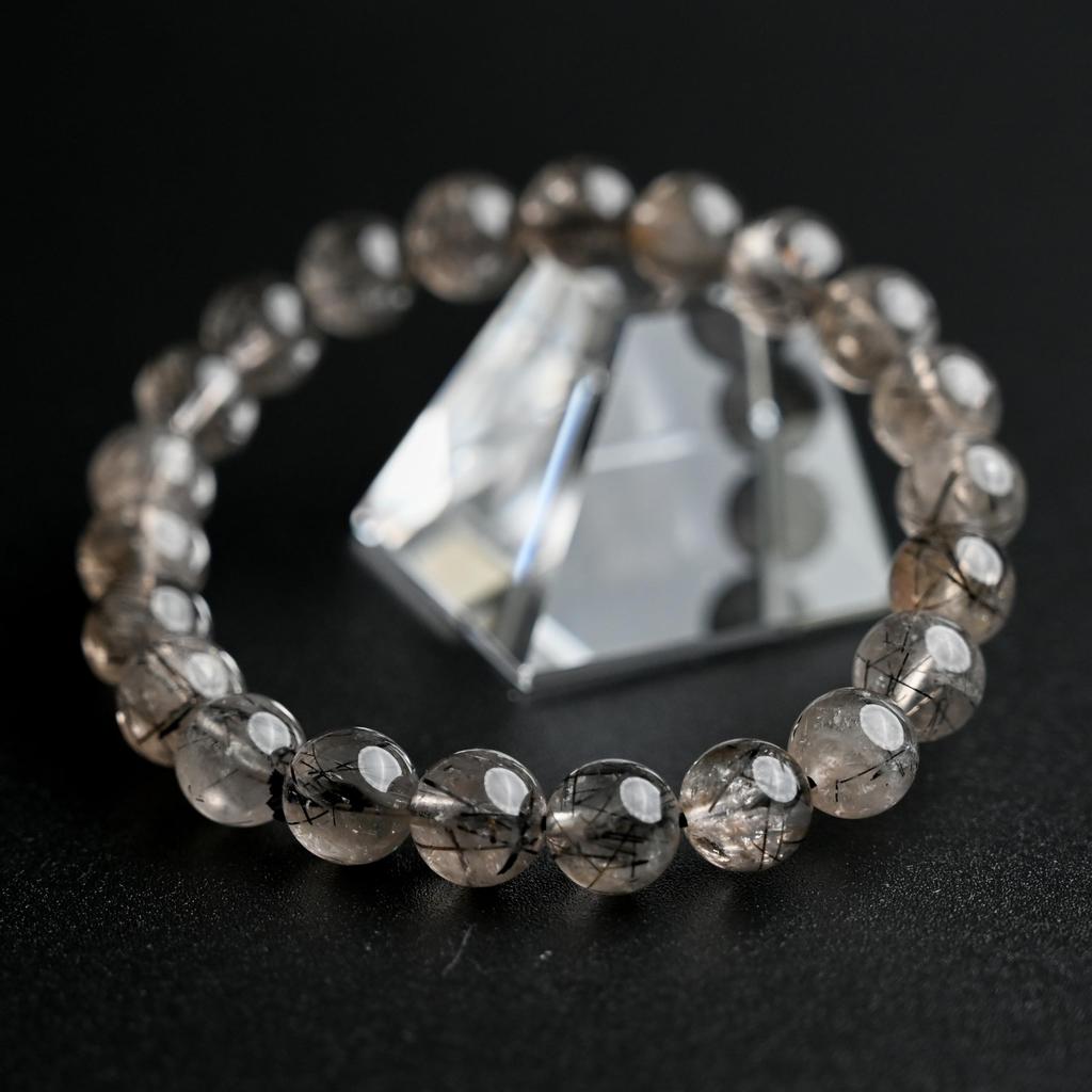 Black Smoky Rutilated Quartz Bracelet Tourmaline in 16cm Wrist Limited Natural Power Prayer Good Luck Feng Shui [Eigado] (Black Quartz) 8.5mm Stone,