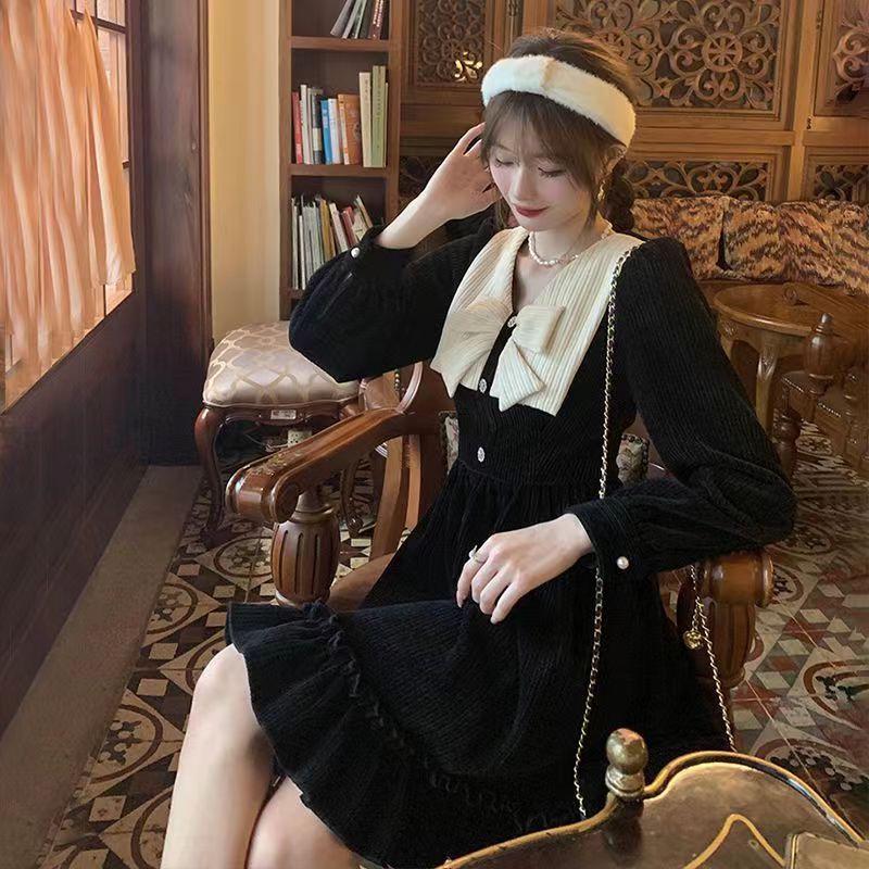 2024 French Retro Black Bow Dress - Short Autumn/Winter Style