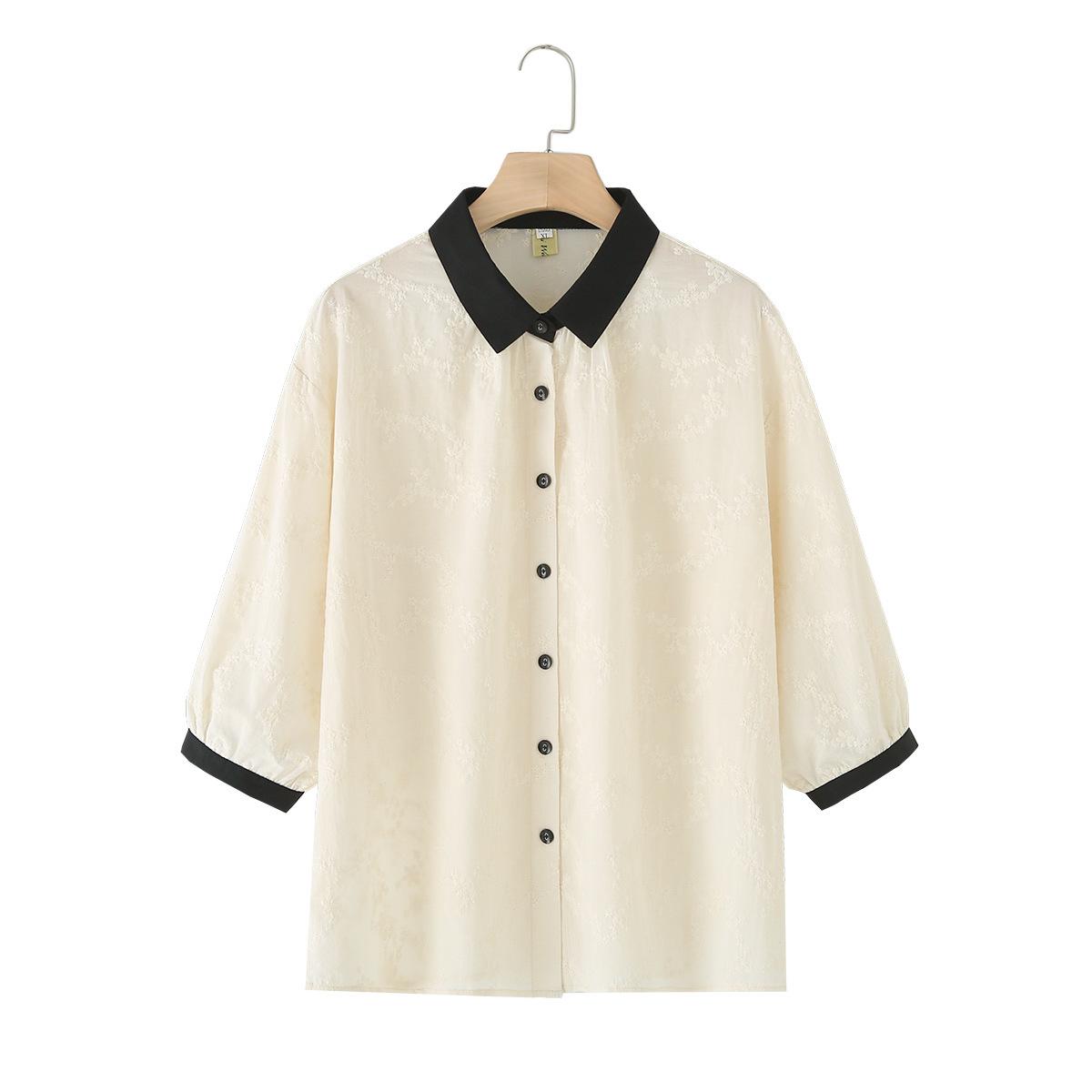 

Хлопковая рубашка с вышивкой для женщин, летняя рубашка с лацканами и длинными рукавами, свободная талия, рубашка на пуговицах, элегантная лоскутная дышащая мягкая удобная работа плюс топы 4XL бежевый