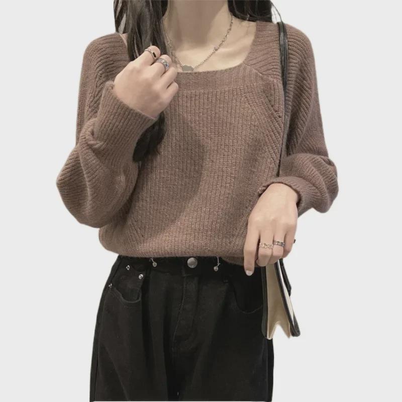 Women's Thickened Lantern Sleeve Sweater - Autumn/Winter Square Collar Trendy Design