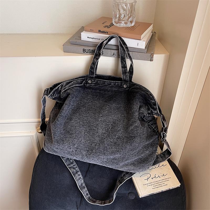 Large Capacity Denim Tote Bag Commuter Handbag Vintage Student Class Shoulder Crossbody Bag