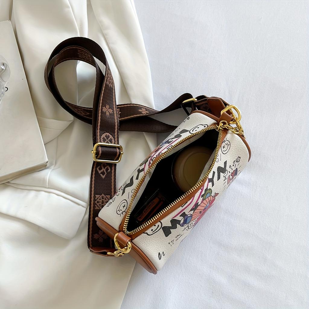 Fashion Graffiti Print Crossbody Bag, Trendy Shoulder Cylinder Bag, Women's Vintage Handbag & Barrel Purse