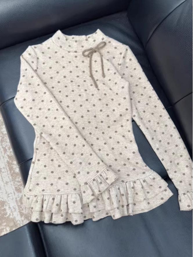 Women's Slimming Polka Dot Ruffle Long Sleeve Top with Bowknot - Autumn/Winter Layer