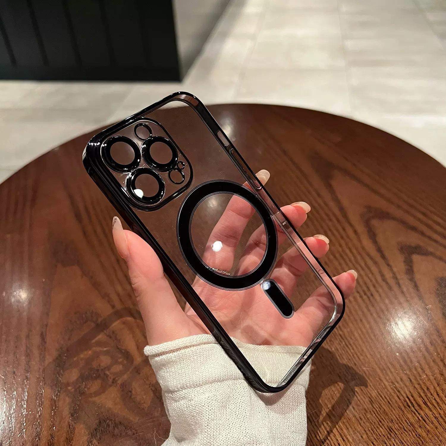 

Подходит для IPhone16pro Магнитный чехол для телефона, Ультратонкий Apple 15 Гальванизированный ПК Противоударный Защитный чехол с пленкой для линз 14 iPhone11pro чёрный