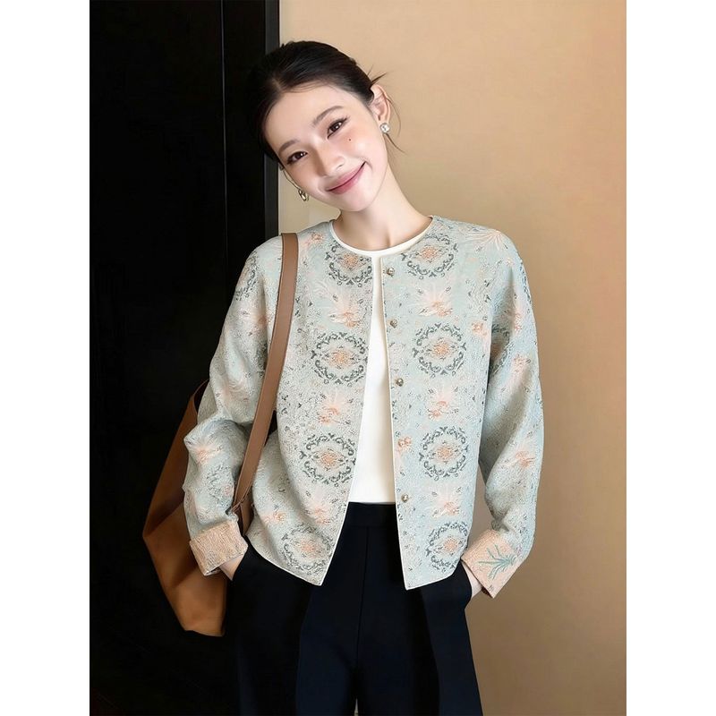 New Chinese-Style Printed Jacket for Women 2026 New Round-Neck Reversible Jacket French Retro Cardigan Top