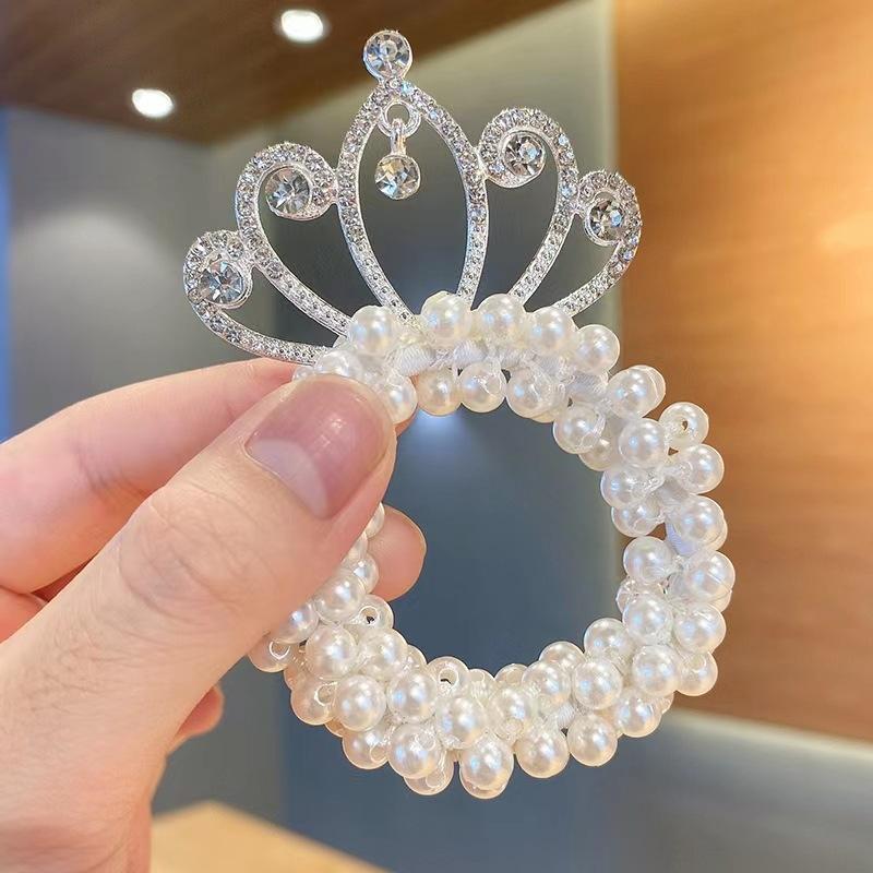 Baby Girls Fashion Pearl Crown Princess Hair Bands Elastic Rubber Bands Children Ball Hair Bun Ties Hair Styling Accessories