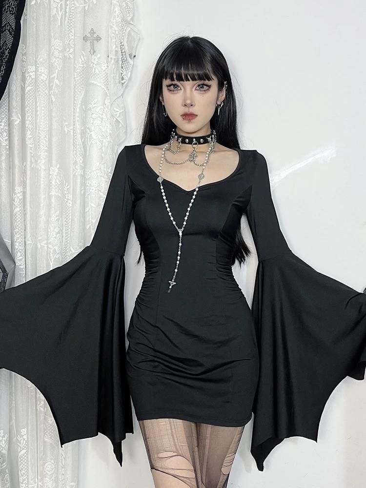 AltGoth Halloween Gothic Dark Dress Dame Vintage Cyber ​​Punk Estetisk Batwing Erme V-hals Høy midje Korsett Mini Dress Femme