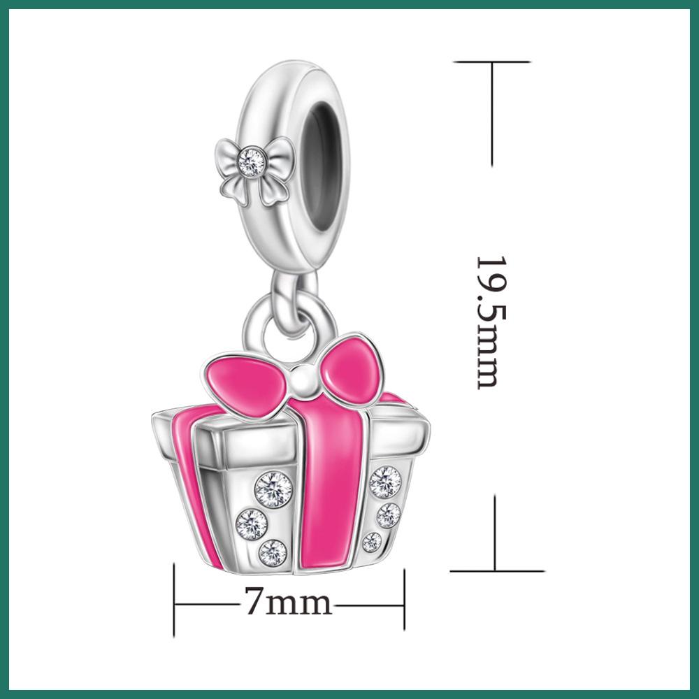 S925 Silver Pink Ribbon Gift Box Pendant Beaded Bracelet Necklace DIY Craft Jewelry Accessories Loose Beads