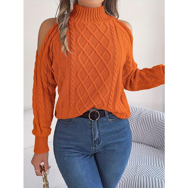 Women's Off-Shoulder High Neck Cable- Sweater - Soft Stretchy Long Sleeve Pullover, Solid Color Casual Chic Fall Winter Top, Highneck Pullover