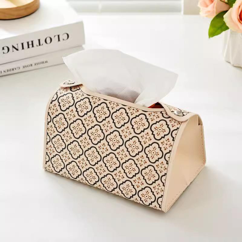 Nordic Luxury Retro Leather Tissue Box in Black and White Plaid Design