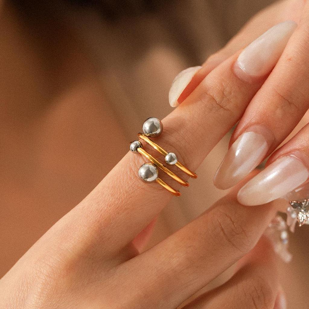 European-American Gold & Silver Color-Block Spherical Multilayer Open Ring - Versatile Titanium Steel Women's Ring