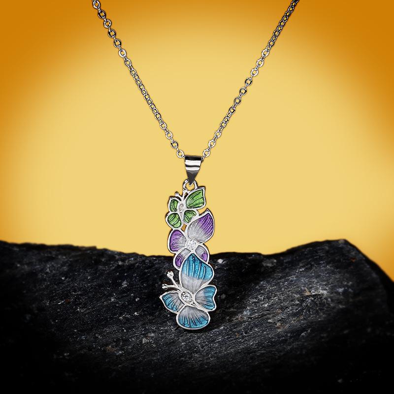 Creative Two Butterfly Lacquer Pendant with Long Enameled Leaf and Flower Necklace