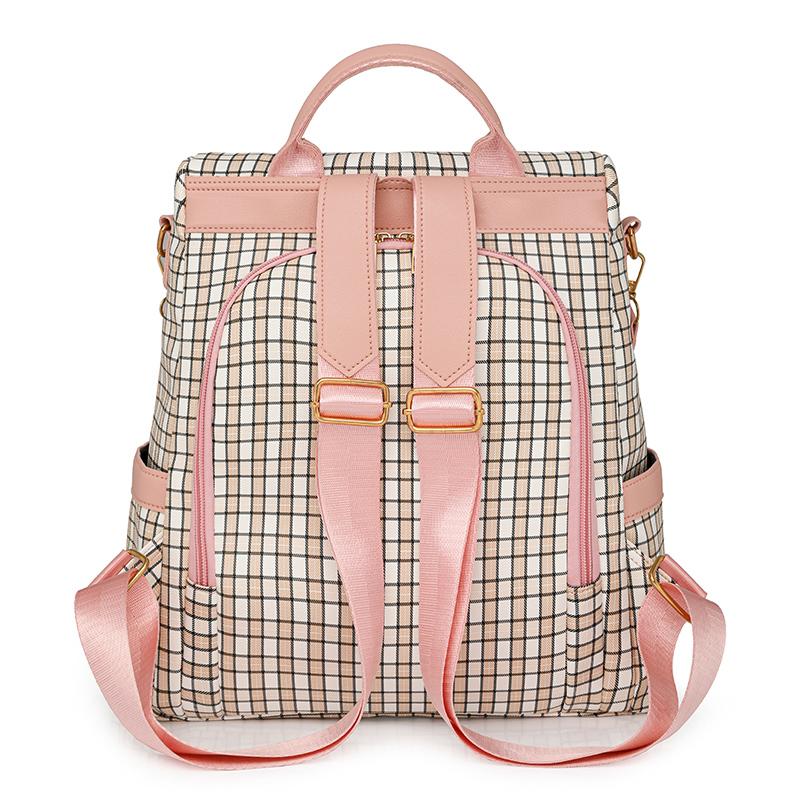 Rucsac antifurt pentru femei Geantă de umăr multifuncțională în carouri Rucsac de călătorie cu trei scopuri