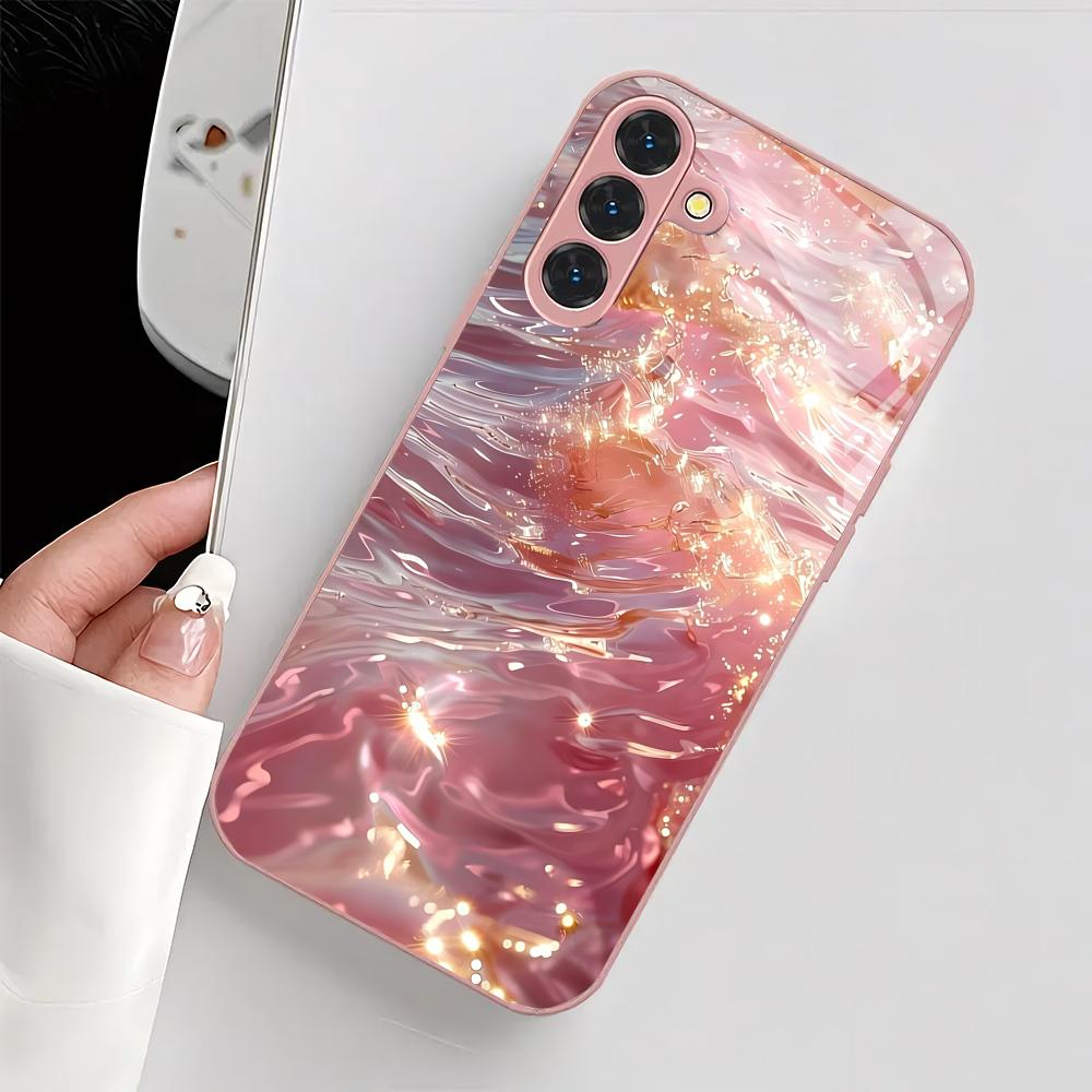 Pink Ocean Metallic Paint Glass Phone Case Suitable for Samsung Galaxy S26 S25 S24 S23 S22 S21 S20 FE/Ultra/Plus Anti Drop